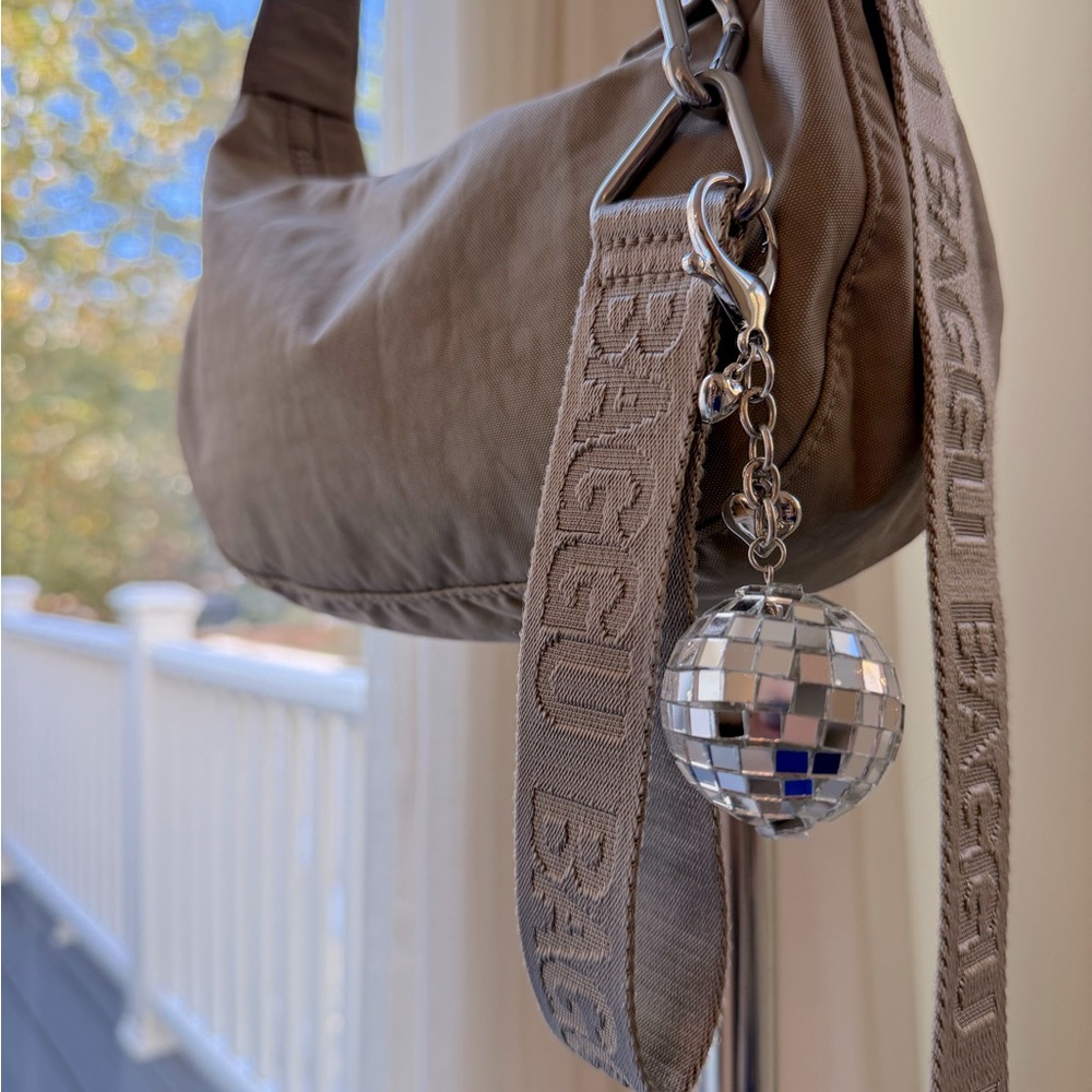 BAGGU Taupe Crossbody Bag with Silver Disco Charm